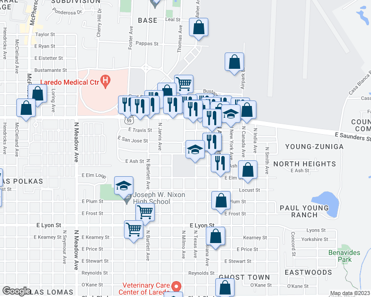 map of restaurants, bars, coffee shops, grocery stores, and more near 2503 Villa Way Street in Laredo