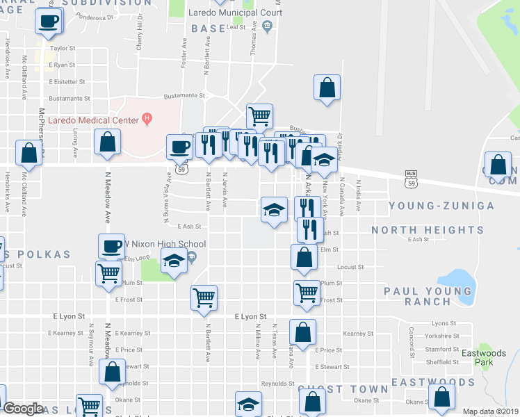 map of restaurants, bars, coffee shops, grocery stores, and more near 2501 Villa Way Street in Laredo