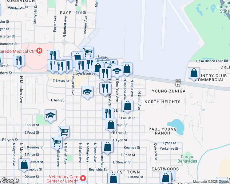 map of restaurants, bars, coffee shops, grocery stores, and more near 3504 North Arkansas Avenue in Laredo