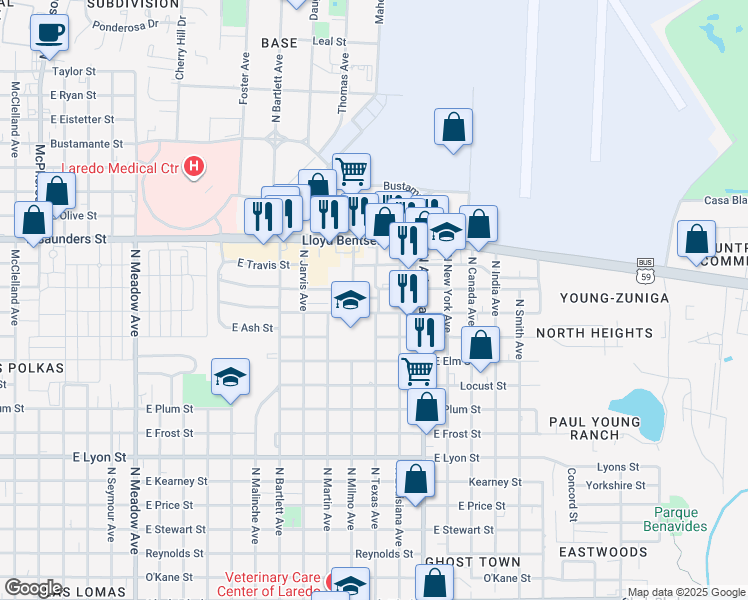 map of restaurants, bars, coffee shops, grocery stores, and more near 2523 Villa Way Street in Laredo
