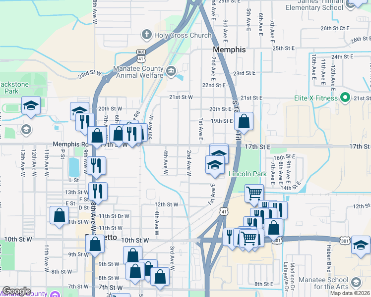 map of restaurants, bars, coffee shops, grocery stores, and more near 201 17th Street West in Palmetto
