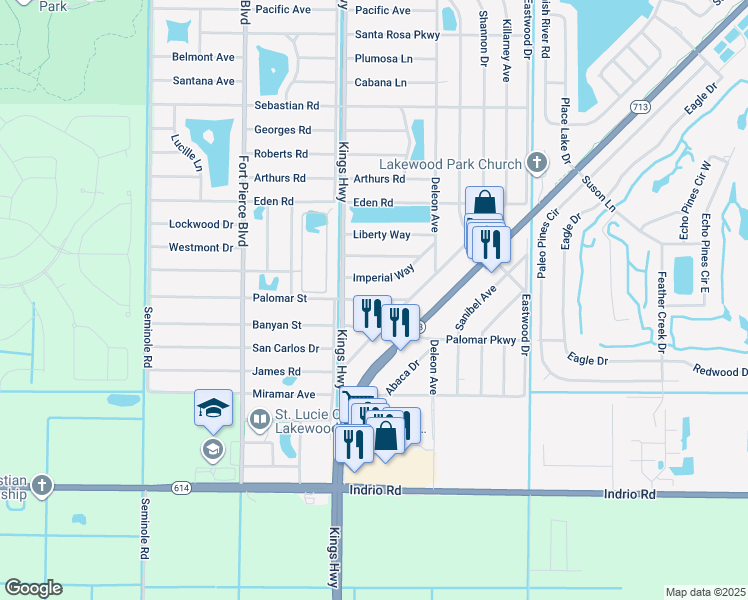 map of restaurants, bars, coffee shops, grocery stores, and more near 7107 Palomar Parkway in Fort Pierce