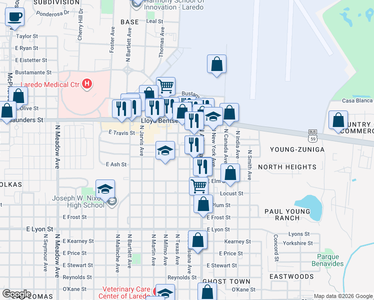 map of restaurants, bars, coffee shops, grocery stores, and more near 2600 East San Jose Street in Laredo