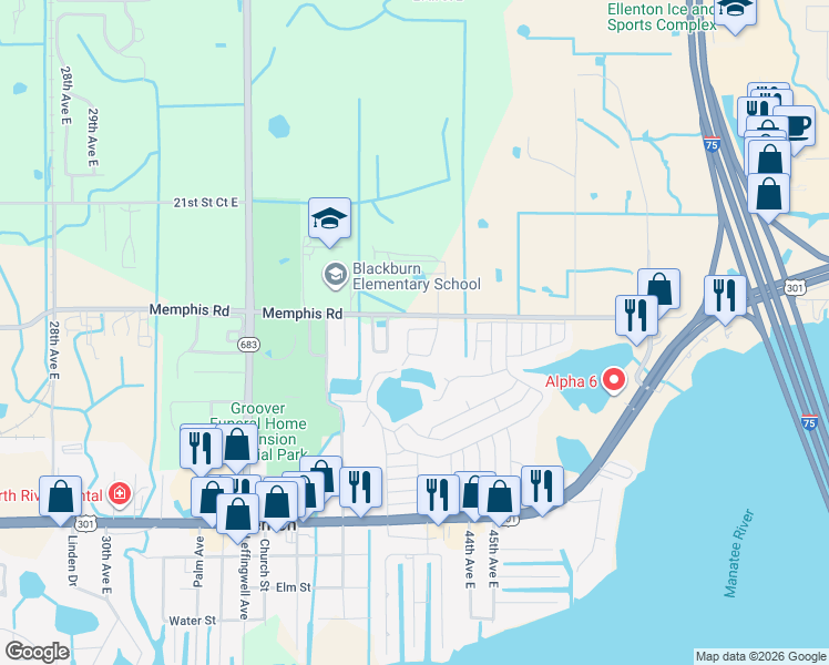 map of restaurants, bars, coffee shops, grocery stores, and more near 1616 40th Avenue Circle East in Ellenton