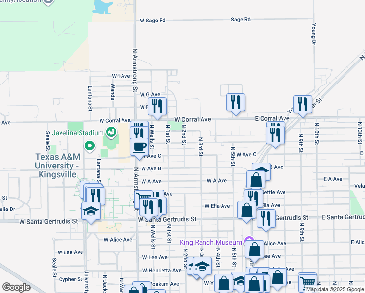 map of restaurants, bars, coffee shops, grocery stores, and more near 428 West Avenue C in Kingsville