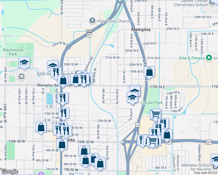 map of restaurants, bars, coffee shops, grocery stores, and more near 1607 3rd Avenue West in Palmetto