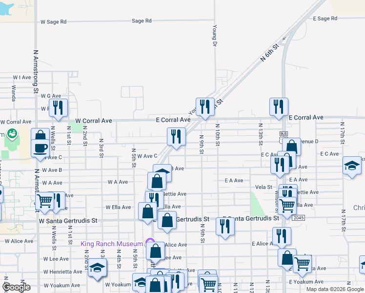 map of restaurants, bars, coffee shops, grocery stores, and more near 402 East C Avenue in Kingsville