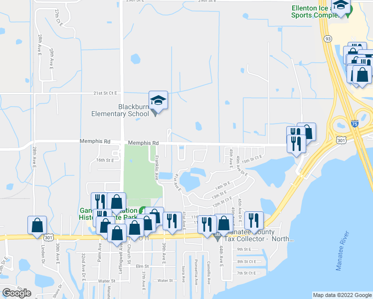 map of restaurants, bars, coffee shops, grocery stores, and more near 1602 40th Avenue Circle East in Ellenton