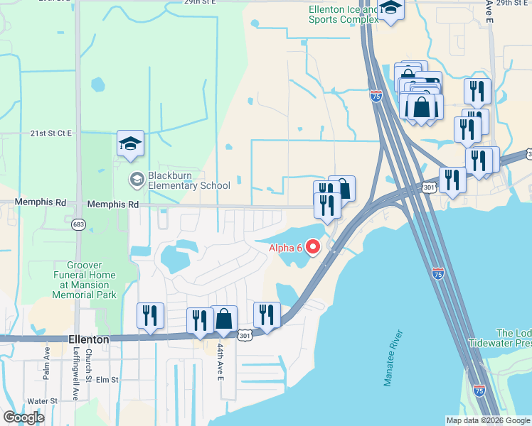 map of restaurants, bars, coffee shops, grocery stores, and more near 1528 47th Avenue East in Ellenton