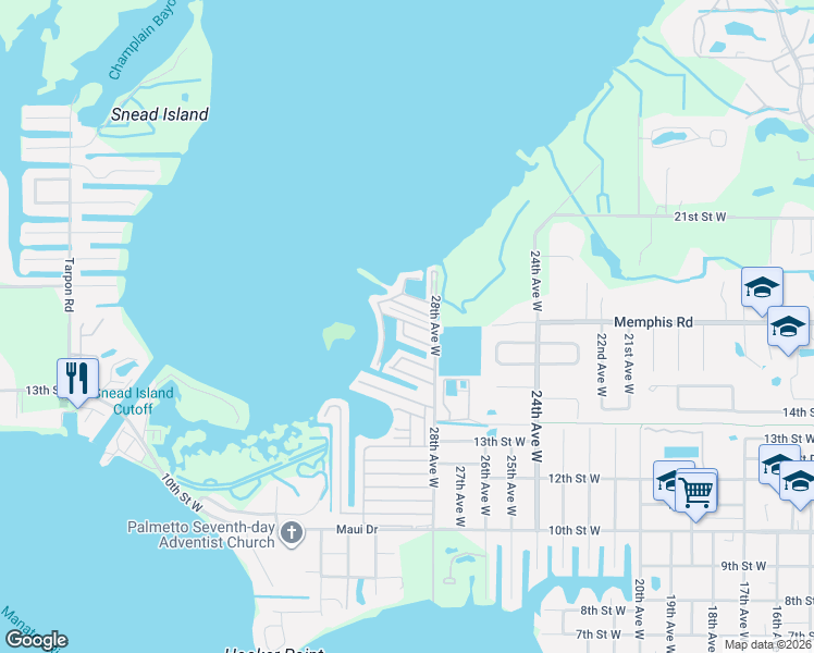 map of restaurants, bars, coffee shops, grocery stores, and more near 313 Bahama Drive in Palmetto