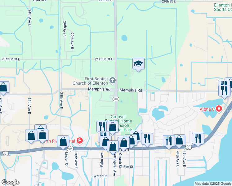 map of restaurants, bars, coffee shops, grocery stores, and more near 3420 16th Street East in Ellenton