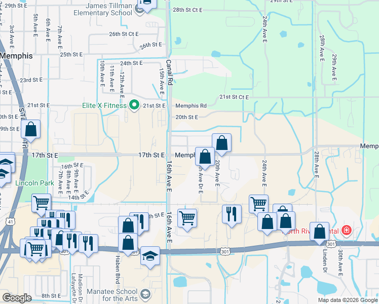 map of restaurants, bars, coffee shops, grocery stores, and more near 1720 Walnut Avenue in Palmetto
