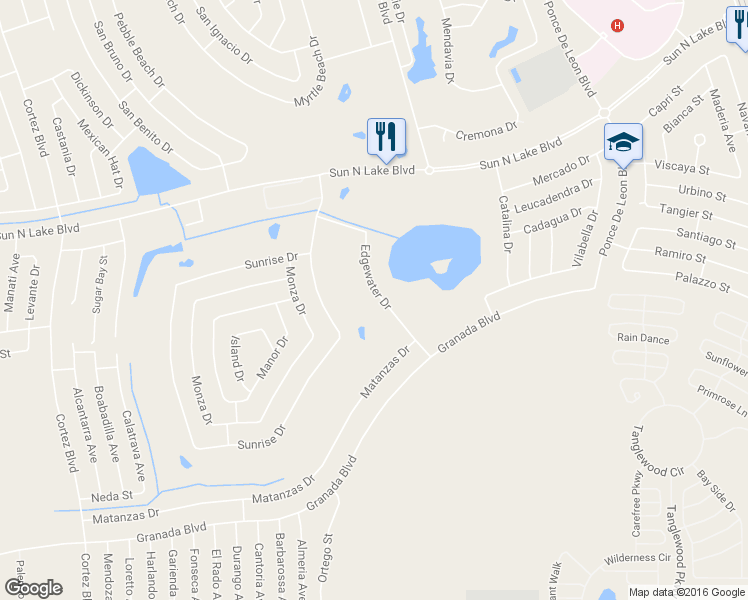 map of restaurants, bars, coffee shops, grocery stores, and more near 3703 Edgewater Drive in Sebring