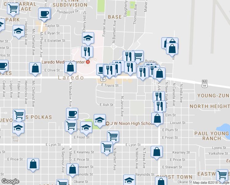 map of restaurants, bars, coffee shops, grocery stores, and more near 2122 East Montgomery Street in Laredo