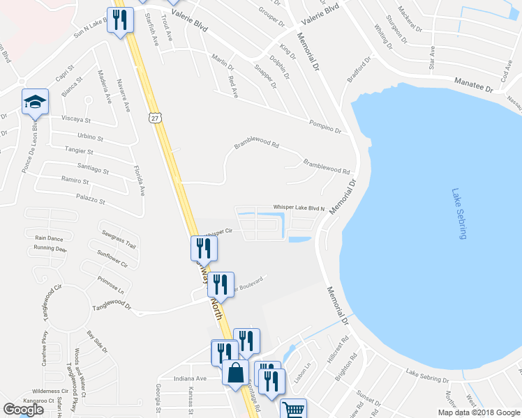 map of restaurants, bars, coffee shops, grocery stores, and more near 1222 Whisper Lake Boulevard North in Sebring