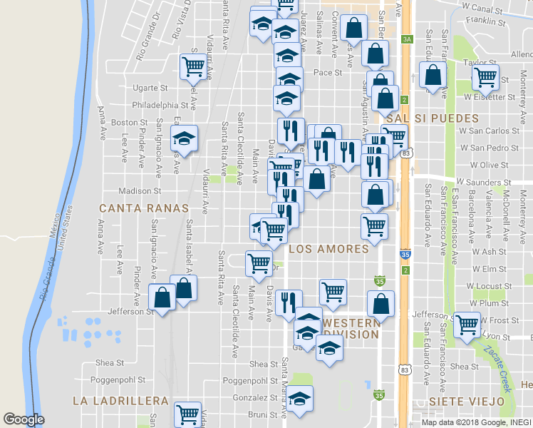 map of restaurants, bars, coffee shops, grocery stores, and more near 1603 Burnside Street in Laredo