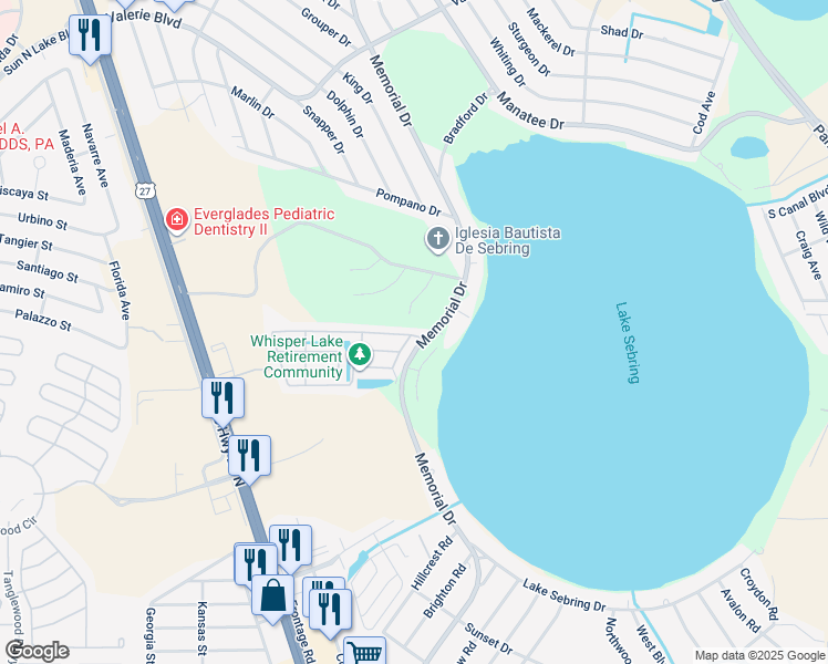 map of restaurants, bars, coffee shops, grocery stores, and more near Hampton Terrace in Sebring