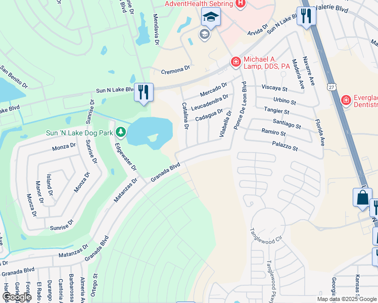 map of restaurants, bars, coffee shops, grocery stores, and more near 3743 Catalina Drive in Sebring
