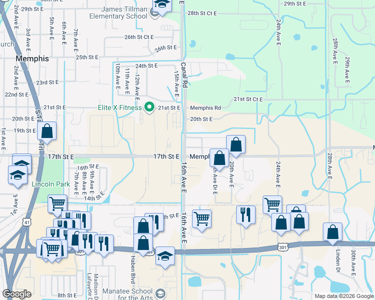 map of restaurants, bars, coffee shops, grocery stores, and more near 1604 18th Street East in Palmetto