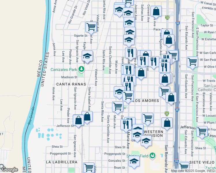 map of restaurants, bars, coffee shops, grocery stores, and more near 1804 Burnside Street in Laredo