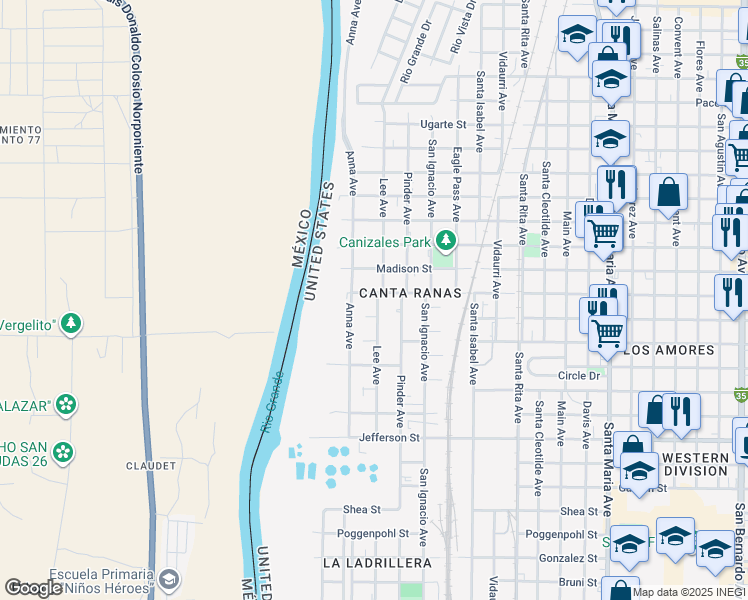 map of restaurants, bars, coffee shops, grocery stores, and more near 2512 Burnside Street in Laredo