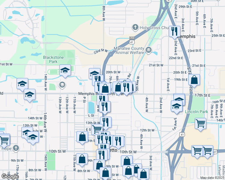 map of restaurants, bars, coffee shops, grocery stores, and more near 1702 7th Avenue West in Palmetto