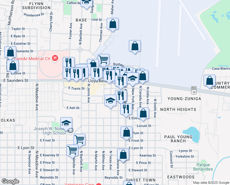 map of restaurants, bars, coffee shops, grocery stores, and more near 2629 East Travis Street in Laredo
