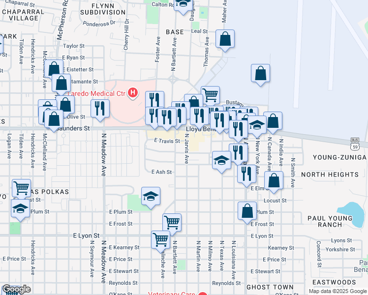 map of restaurants, bars, coffee shops, grocery stores, and more near 2201 East Travis Street in Laredo