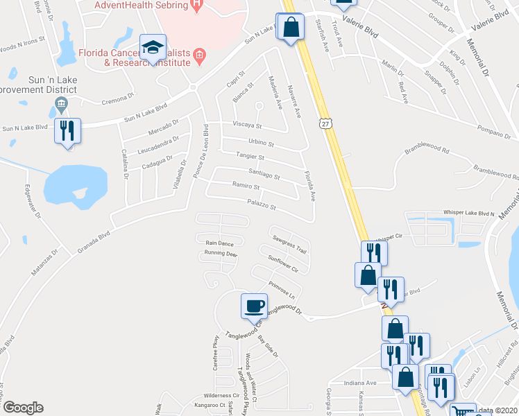 map of restaurants, bars, coffee shops, grocery stores, and more near 4001 Palazzo Street in Sebring