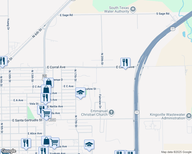 map of restaurants, bars, coffee shops, grocery stores, and more near 1505 East Corral Avenue in Kingsville