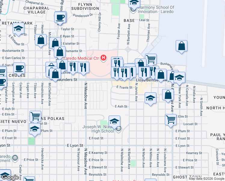 map of restaurants, bars, coffee shops, grocery stores, and more near 3430 North Buena Vista Avenue in Laredo