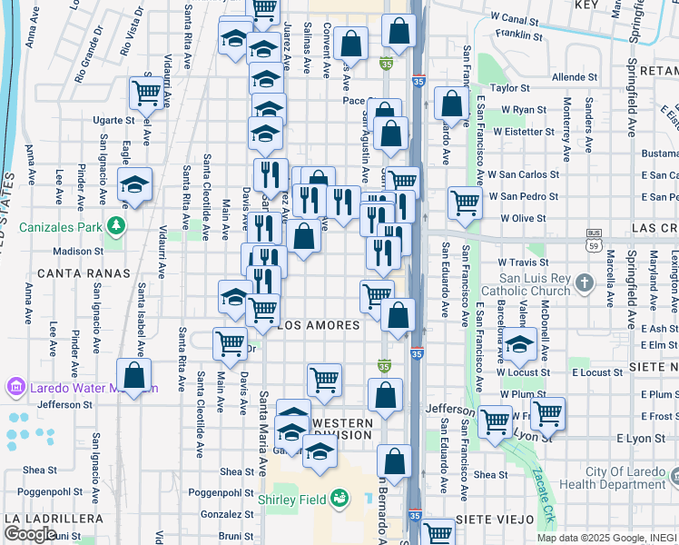 map of restaurants, bars, coffee shops, grocery stores, and more near 3305 Convent Avenue in Laredo