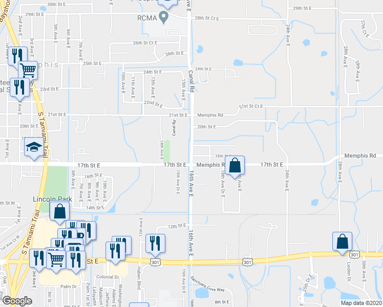 map of restaurants, bars, coffee shops, grocery stores, and more near 1814 16th Avenue East in Bradenton