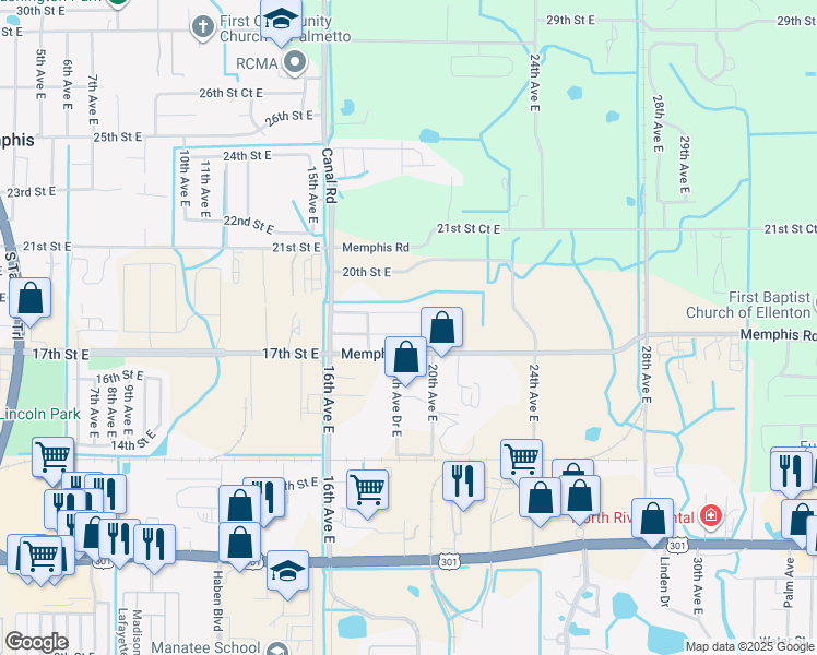 map of restaurants, bars, coffee shops, grocery stores, and more near 1904 18th Street East in Palmetto