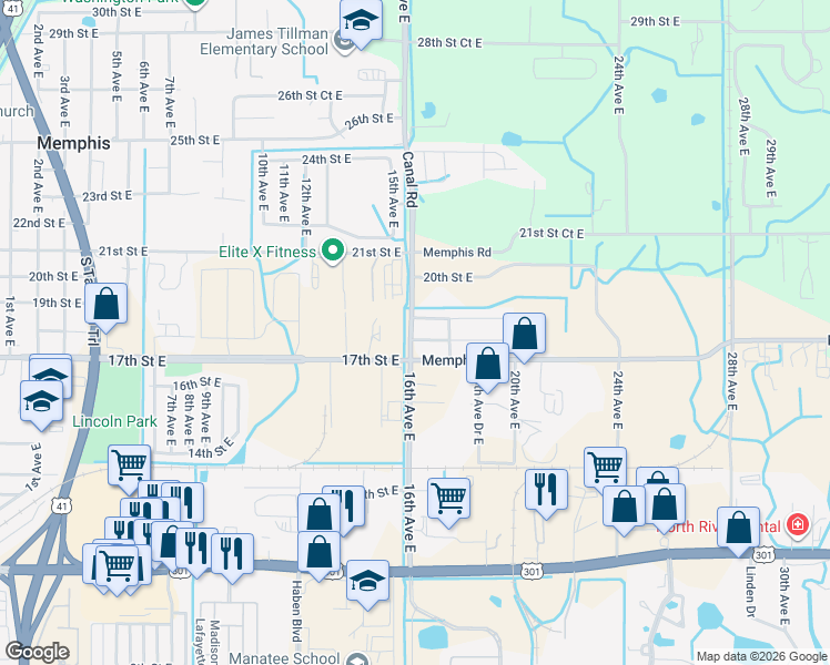 map of restaurants, bars, coffee shops, grocery stores, and more near 1604 18th Street East in Palmetto