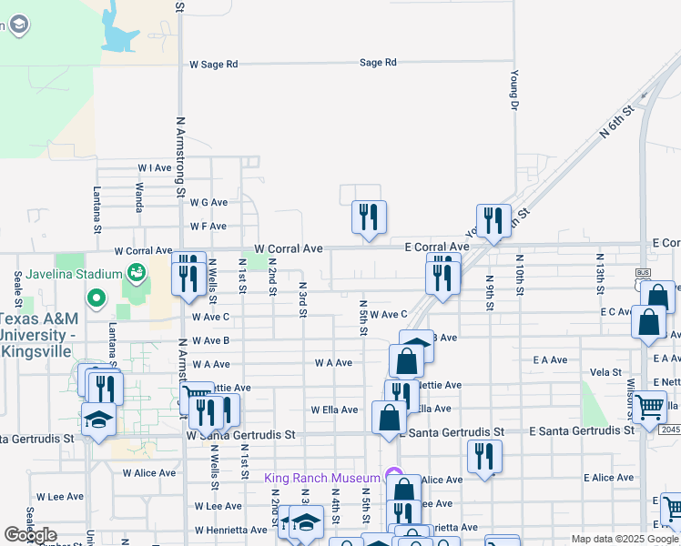map of restaurants, bars, coffee shops, grocery stores, and more near 221 1/2 West Corral Avenue in Kingsville