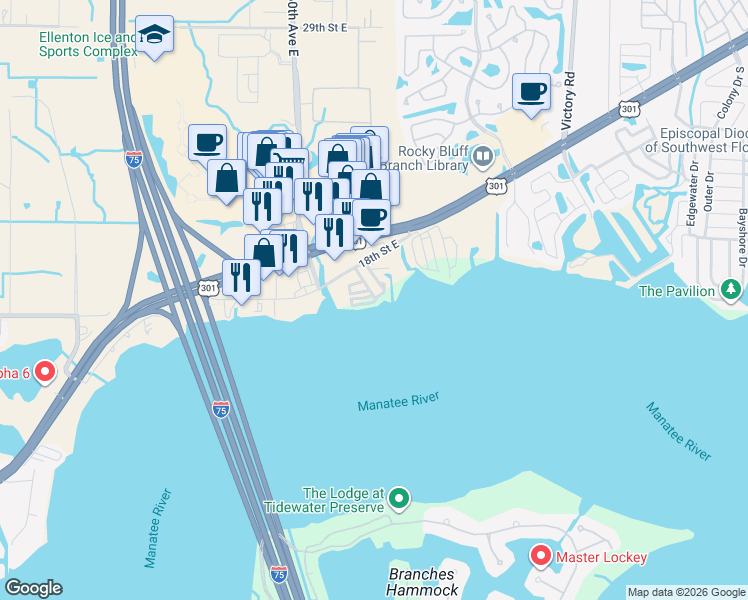 map of restaurants, bars, coffee shops, grocery stores, and more near 19 Riverview Drive in Ellenton