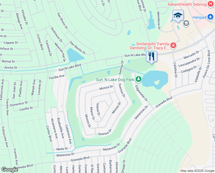 map of restaurants, bars, coffee shops, grocery stores, and more near 2500 Monza Drive in Sebring