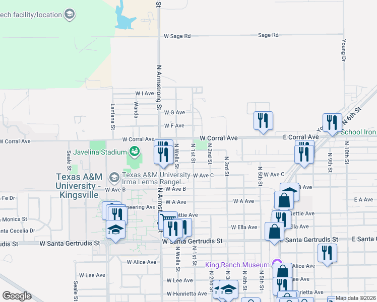 map of restaurants, bars, coffee shops, grocery stores, and more near 529 West Mesquite Avenue in Kingsville