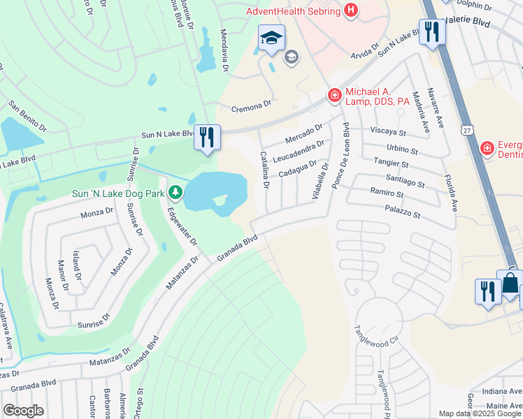 map of restaurants, bars, coffee shops, grocery stores, and more near 3743 Catalina Drive in Sebring
