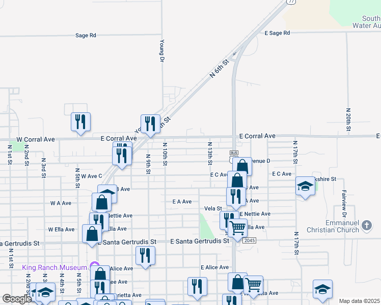 map of restaurants, bars, coffee shops, grocery stores, and more near 709 East Mesquite Avenue in Kingsville