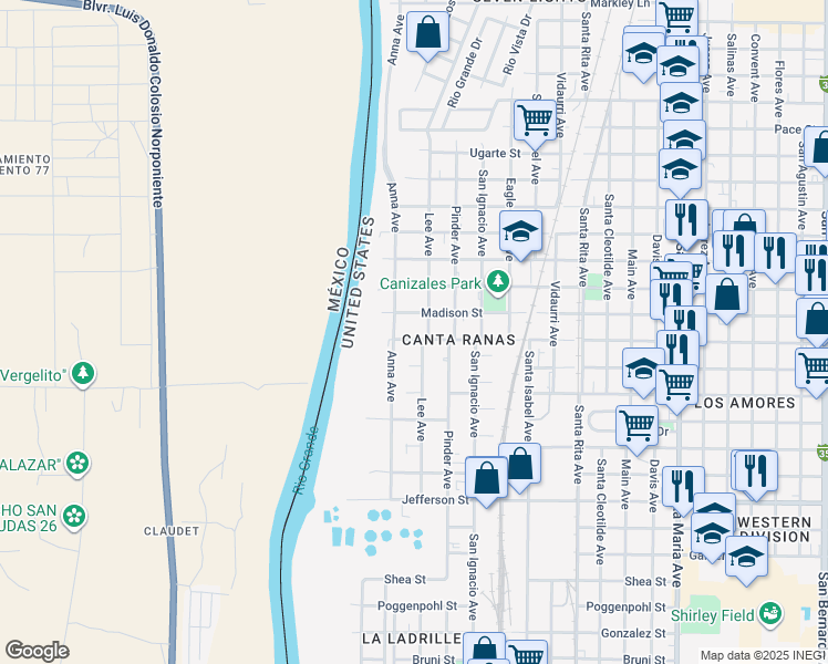 map of restaurants, bars, coffee shops, grocery stores, and more near 2512 Burnside Street in Laredo