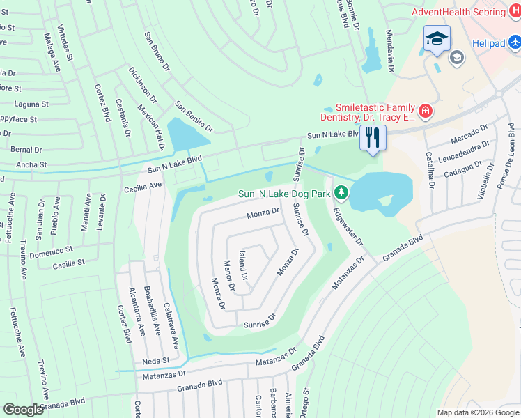 map of restaurants, bars, coffee shops, grocery stores, and more near 2500 Monza Drive in Sebring