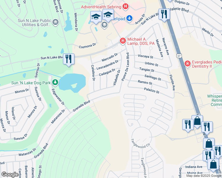 map of restaurants, bars, coffee shops, grocery stores, and more near 3696 Vilabella Drive in Sebring