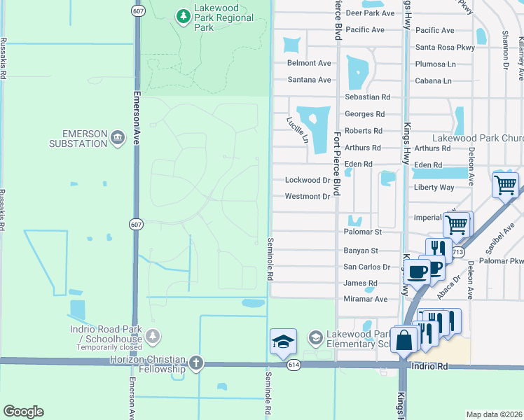 map of restaurants, bars, coffee shops, grocery stores, and more near 8008 Lakeside Way in Fort Pierce