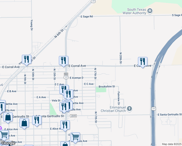 map of restaurants, bars, coffee shops, grocery stores, and more near 1219 East Mesquite Avenue in Kingsville