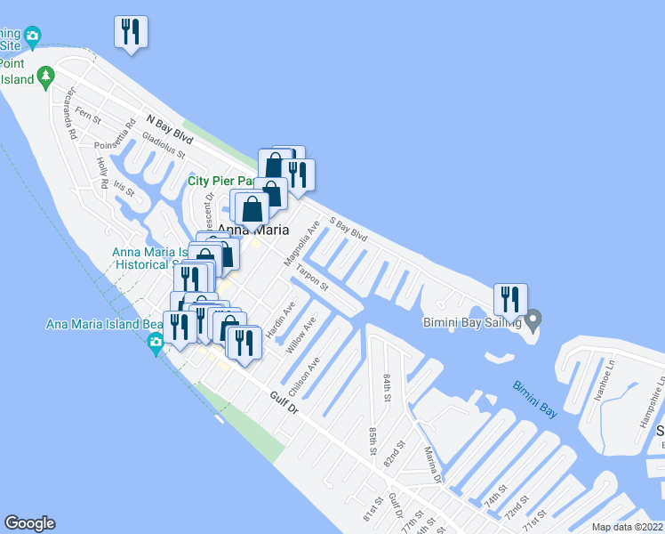 map of restaurants, bars, coffee shops, grocery stores, and more near 514 Loquat Drive in Anna Maria