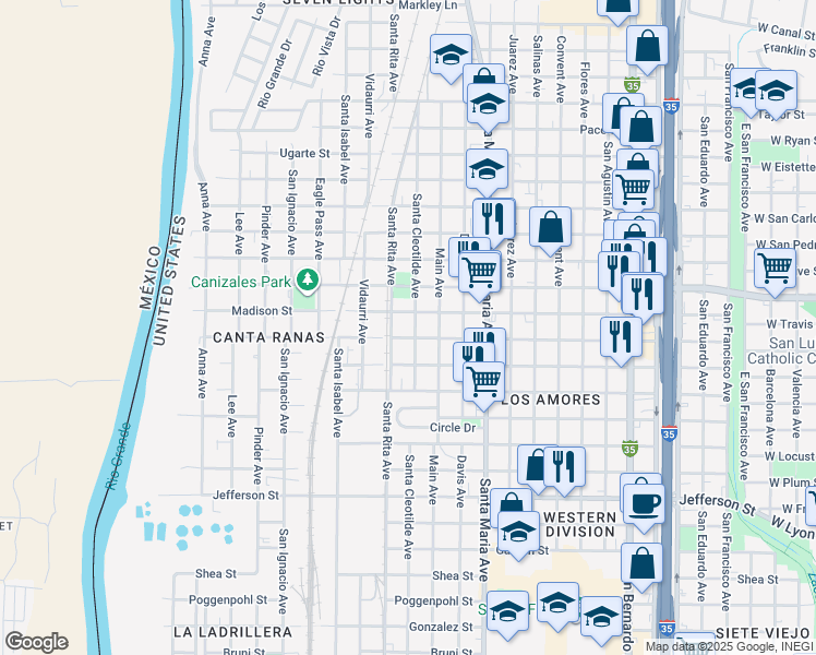 map of restaurants, bars, coffee shops, grocery stores, and more near 1804 Burnside Street in Laredo