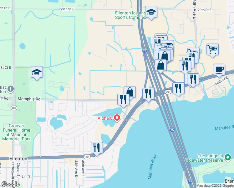 map of restaurants, bars, coffee shops, grocery stores, and more near 4900-5098 17th Street East in Ellenton
