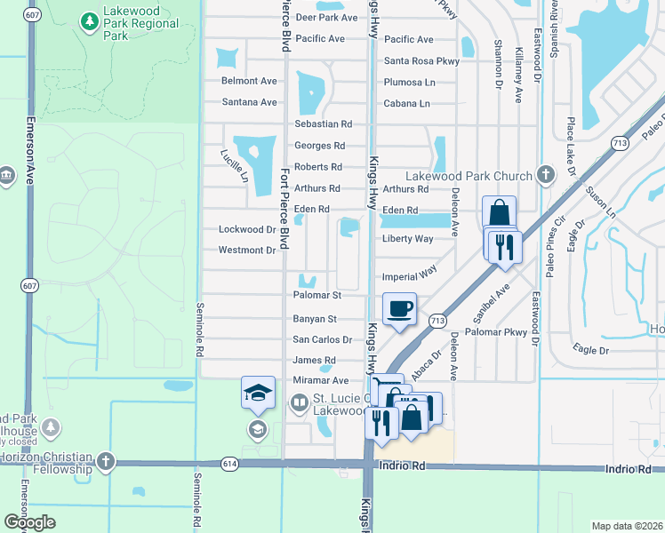 map of restaurants, bars, coffee shops, grocery stores, and more near 5376 Oakland Lake Circle in Fort Pierce
